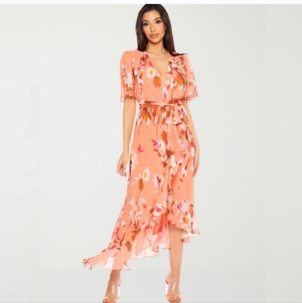 Orange Floral Wrap High Low Chiffon  Dress NWT Sz 12